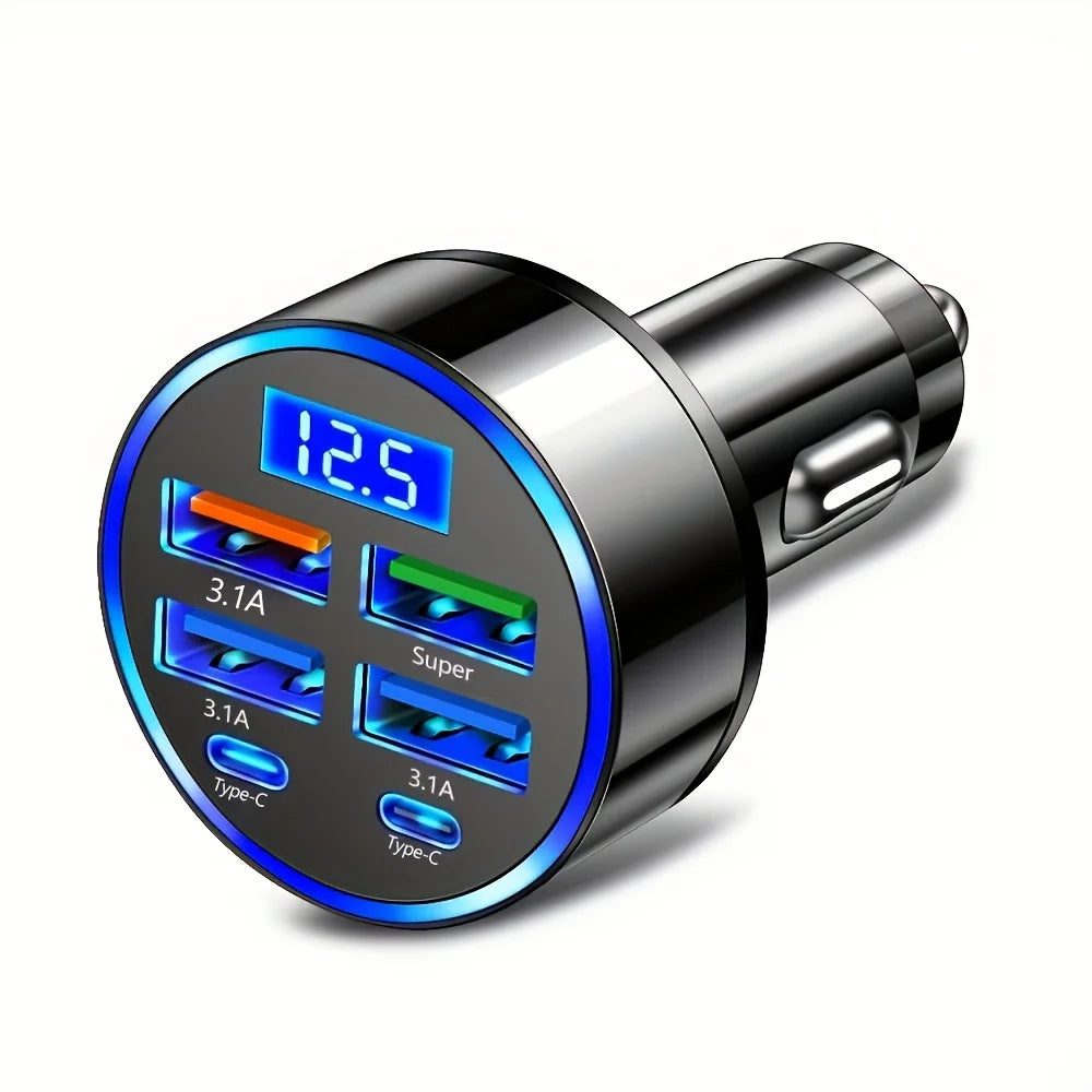 6-in-1 Car Charger Adapter – Dual USB-C Fast Charging with 3.1A Output & Digital Display