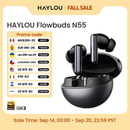 HAYLOU Flowbuds N55 Wireless Earbuds – 54dB Adaptive ANC, LDAC Hi-Res Audio & 40-Hour Battery