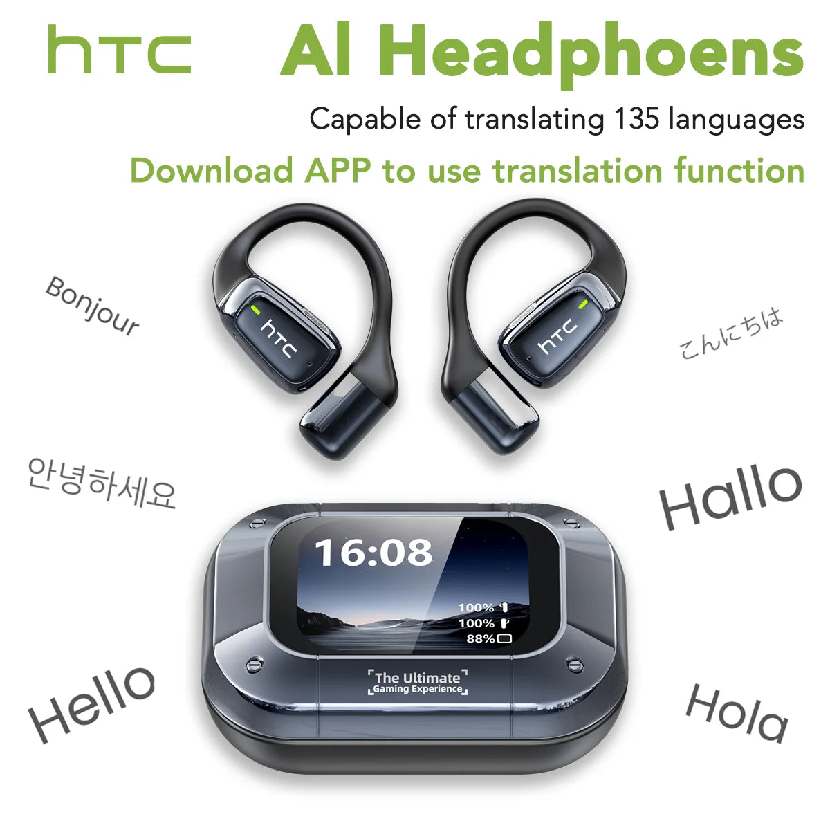 AI Translator Earbuds – HTC NE25 Bluetooth Wireless Earphones with LCD Touchscreen & HD Microphone