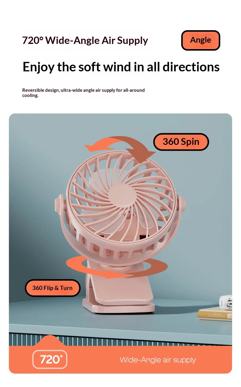Portable Rechargeable Clip Fan – 720° Rotatable Hanging Fan with Night Light for Outdoor Camping