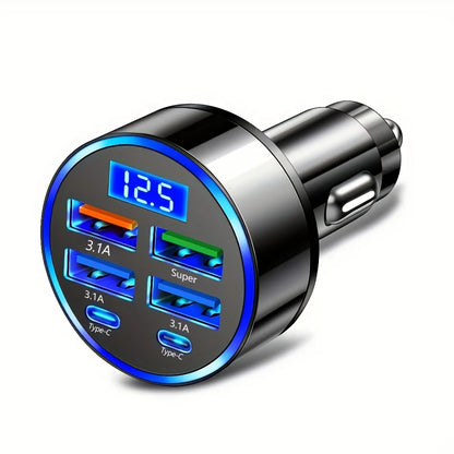 6-in-1 Car Charger Adapter – Dual USB-C Fast Charging with 3.1A Output & Digital Display