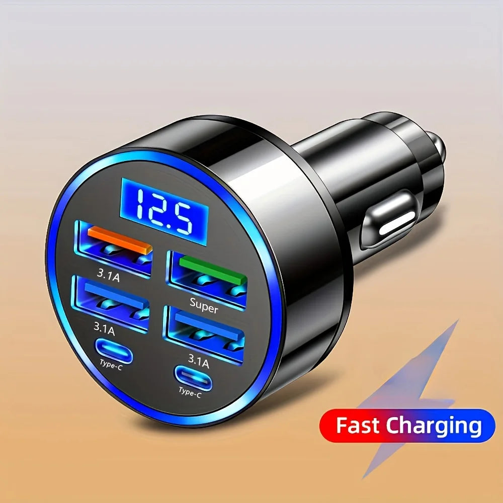 6-in-1 Car Charger Adapter – Dual USB-C Fast Charging with 3.1A Output & Digital Display