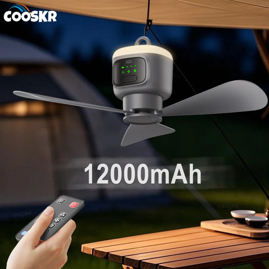 # 12000mAh Portable Ceiling Fan – Rechargeable Outdoor Camping Fan with Remote Control & LED Light
