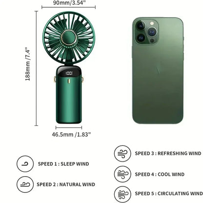 Portable Rechargeable Handheld Fan – 5-Speed Wind, 90° Adjustable, LED Digital Display & Aromatherapy