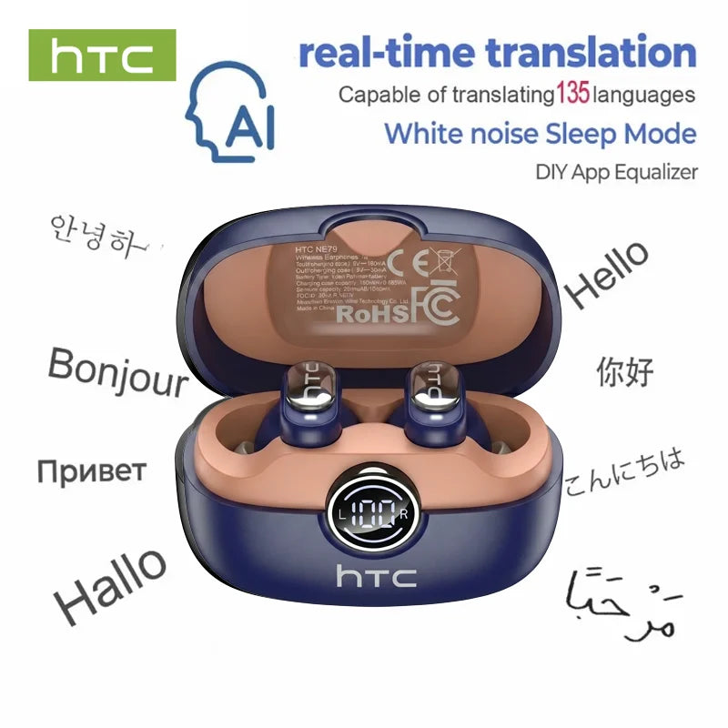 HTC NE79 TWS Bluetooth 6.0 Earbuds – AI Translation, ENC Noise Reduction & LED Display