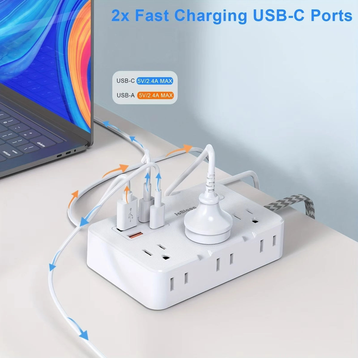 JcBlaon QT660-CU Power Strip – 6 AC Outlets, 4 USB Ports & 1.5m Braided Extension Cord