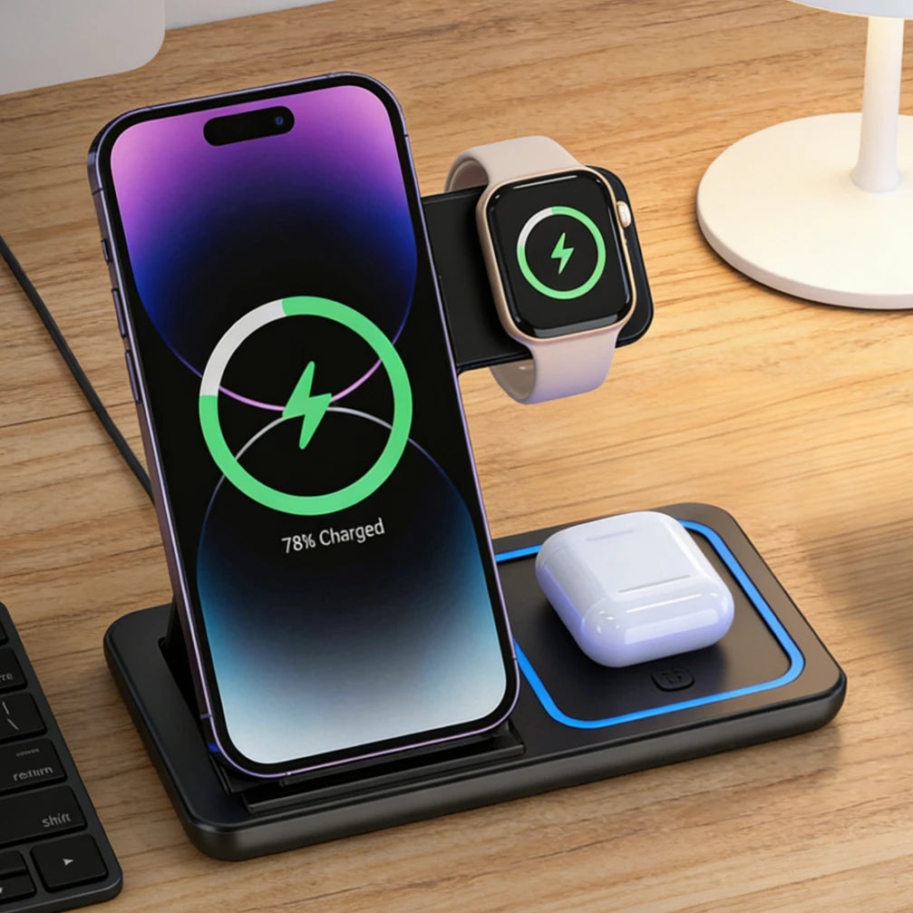 3-in-1 Foldable Wireless Charging Station – Fast Charger Stand for iPhone, Apple Watch & AirPods