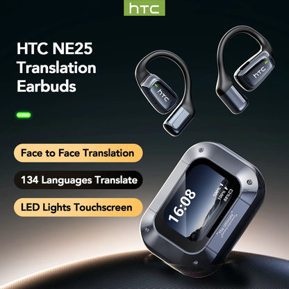 AI Translator Earbuds – HTC NE25 Bluetooth Wireless Earphones with LCD Touchscreen & HD Microphone