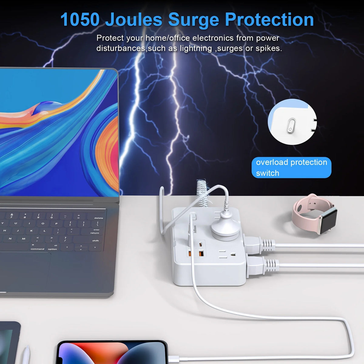 JcBlaon QT660-CU Power Strip – 6 AC Outlets, 4 USB Ports & 1.5m Braided Extension Cord