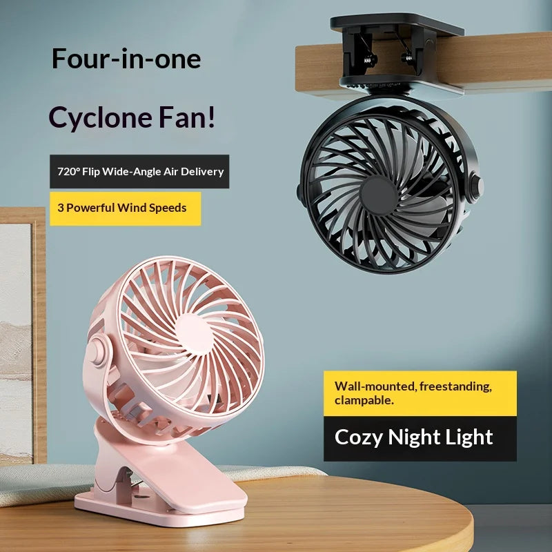 Portable Rechargeable Clip Fan – 720° Rotatable Hanging Fan with Night Light for Outdoor Camping