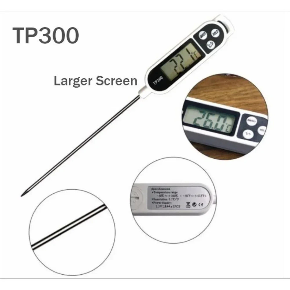 TP300 Digital Food Thermometer – Stainless Steel Probe for Meat, Water, Oil & Baking
