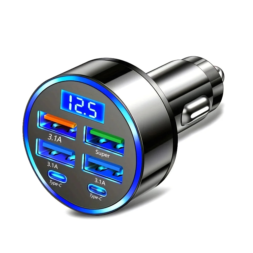 6-in-1 Fast Charging Car Adapter – Dual USB-C Ports, 3.1A Output & Digital Display