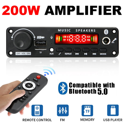 200W Bluetooth Car Audio Amplifier & MP3 Player – USB, TF Card, FM Radio & Microphone